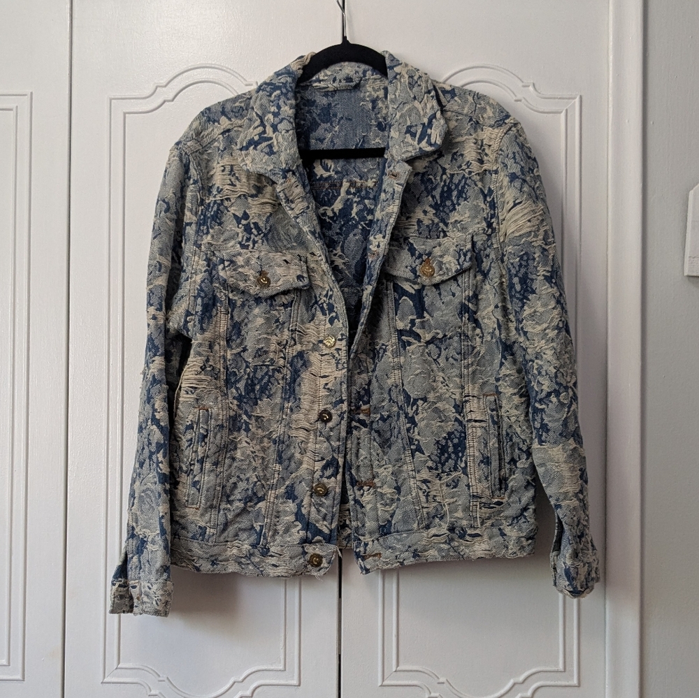 yasuyuan Floral Distressed Blue and Cream Denim Jean Jacket Oversized